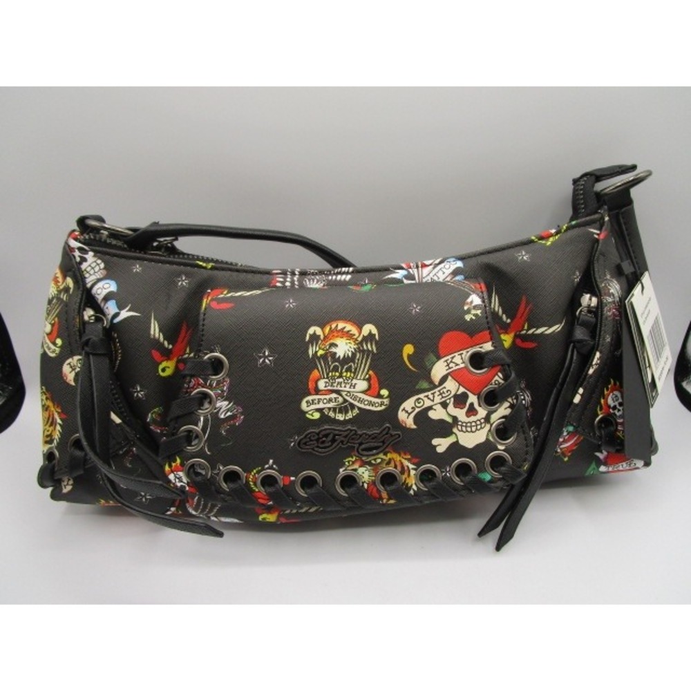 Ed Hardy Black Tattoo Print Vegan Leather Hobo Shoulder Bag EHH603-42-003
